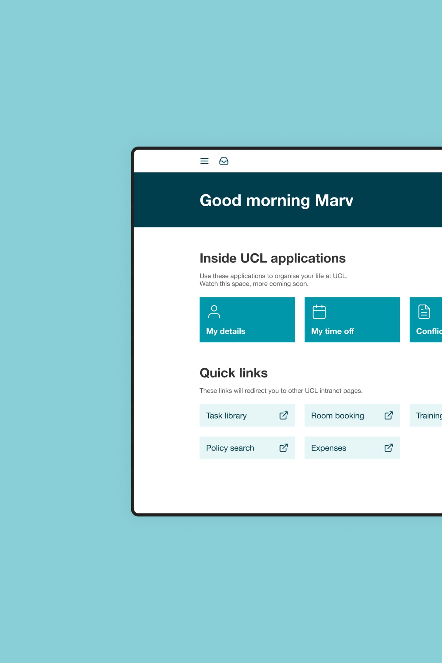 Screenshot of a dashboard greeting a UCL employee to the experience platform Screenshot of a dashboard greeting a UCL employee to the experience platform