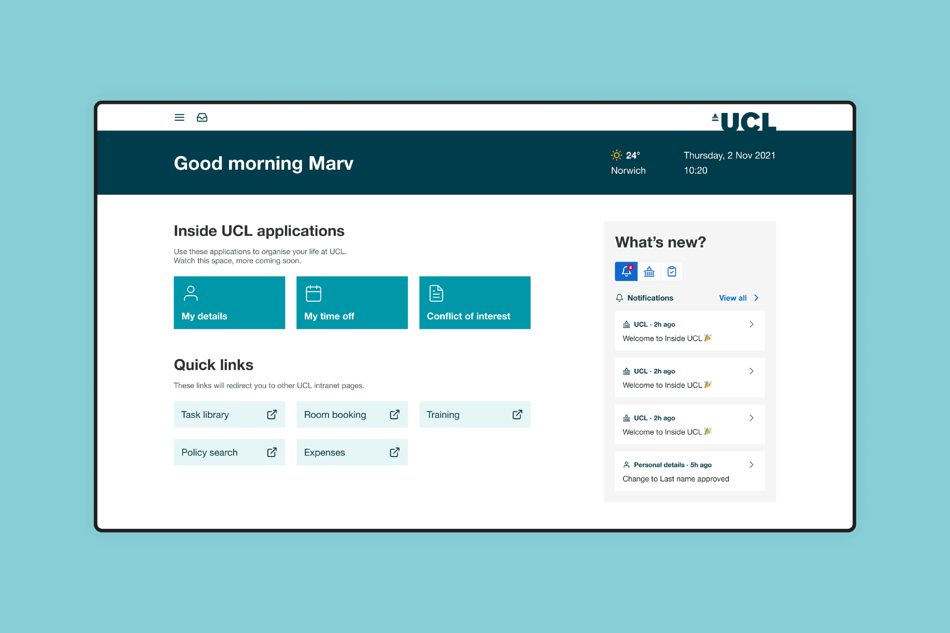 Screenshot of a dashboard greeting a UCL employee to the experience platform Screenshot of a dashboard greeting a UCL employee to the experience platform