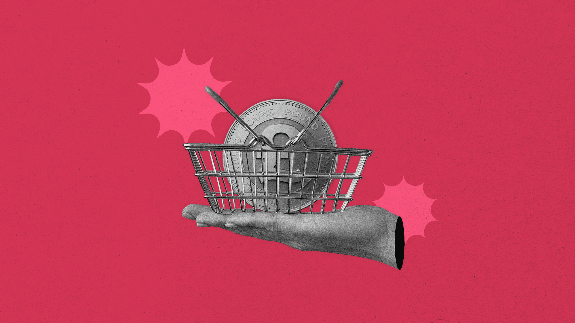 A collage image of a hand holding a shopping basket with a large coin in it on a pink background. A collage image of a hand holding a shopping basket with a large coin in it on a pink background.