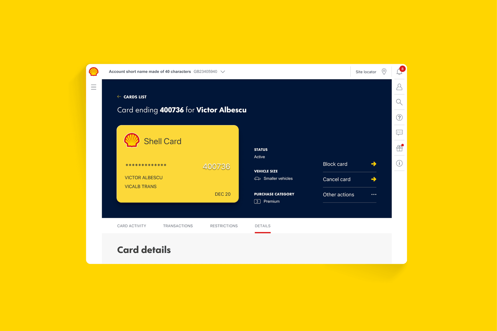 Graphic of an interface page that shows a credit card and account details at the top. Graphic of an interface page that shows a credit card and account details at the top.