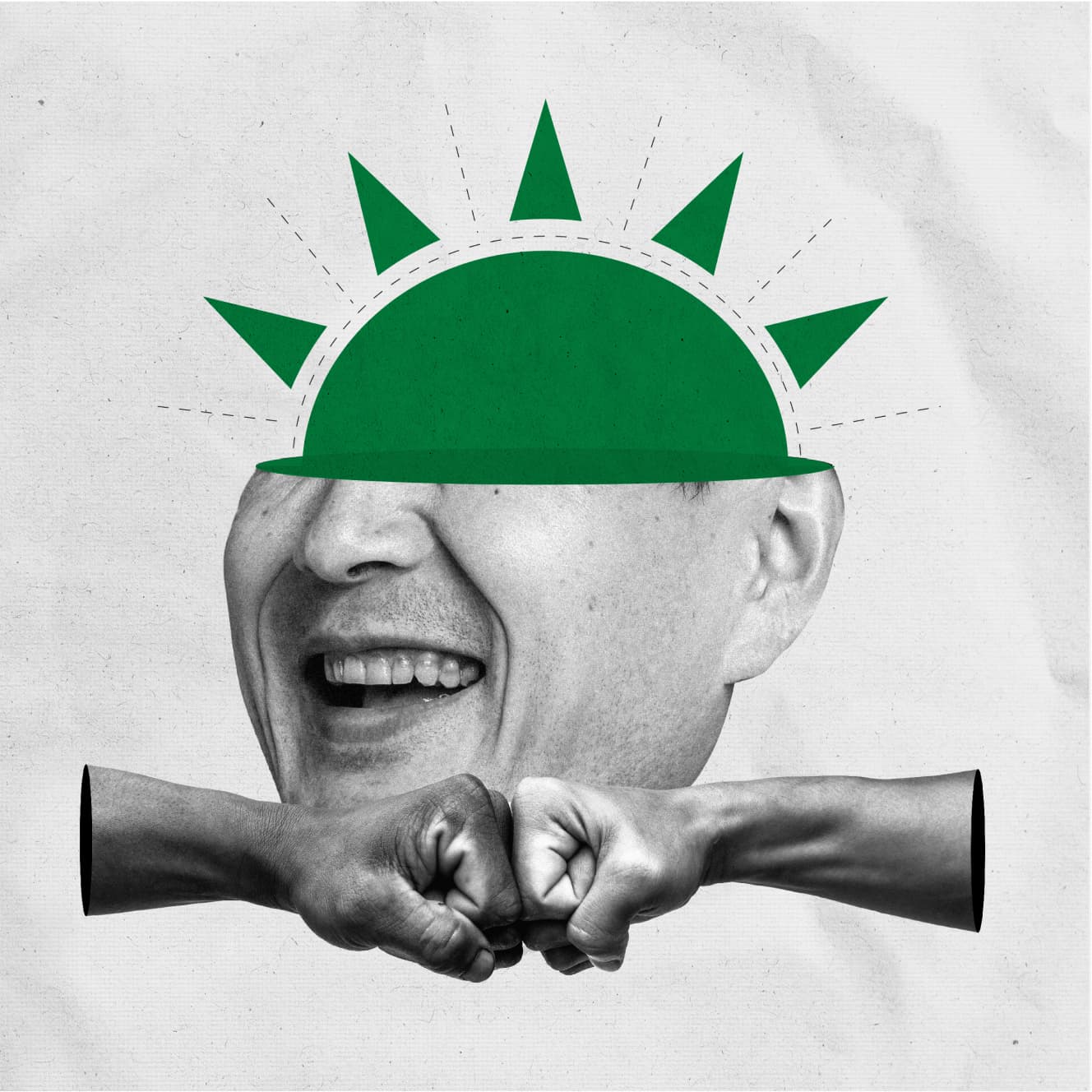 Two hands fist bumping each other in front of a head. Two hands fist bumping each other in front of a head.