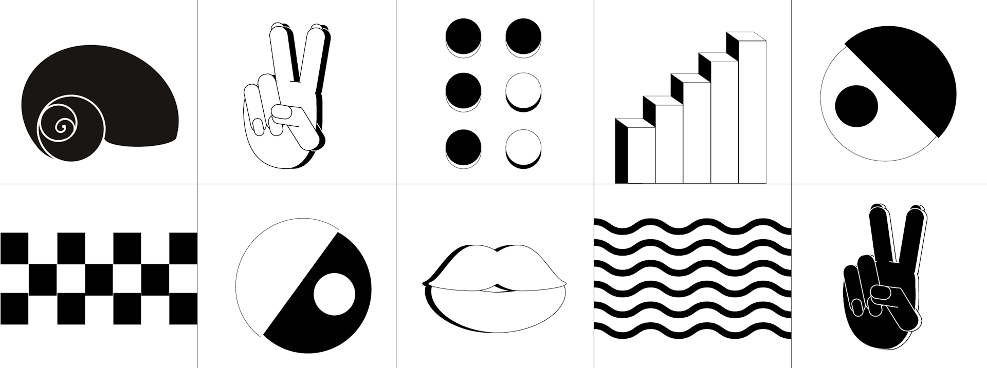 A series of black and white symbols ranging from a snail shell through to the peace sign.