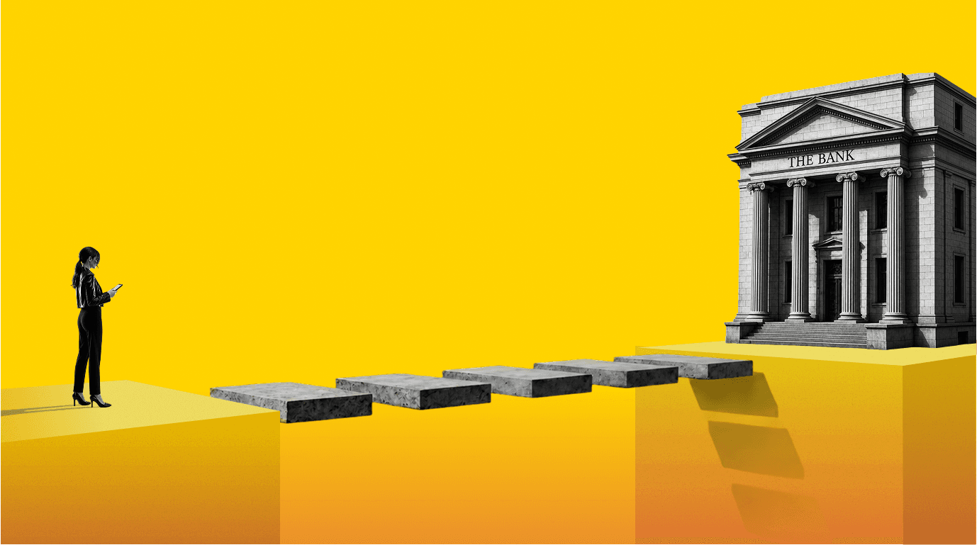 Illustration of a user crossing a bridge toward a bank, representing the shift from traditional KYC identity verification to continuous trust through digital wallets and verifiable credentials in financial services. Illustration of a user crossing a bridge toward a bank, representing the shift from traditional KYC identity verification to continuous trust through digital wallets and verifiable credentials in financial services.