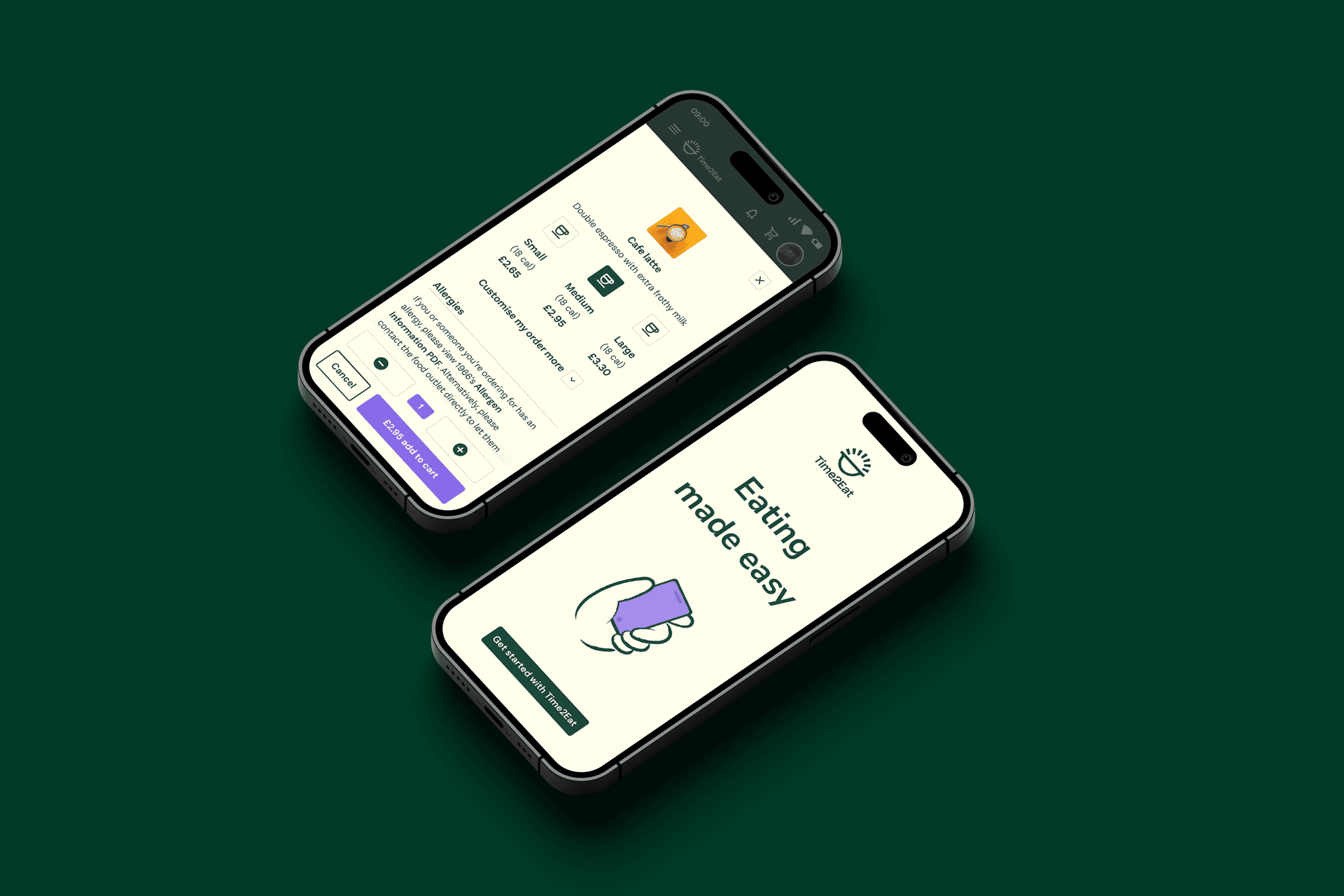 Side by side phone screens with Time 2 Eat mobile app UI Side by side phone screens with Time 2 Eat mobile app UI