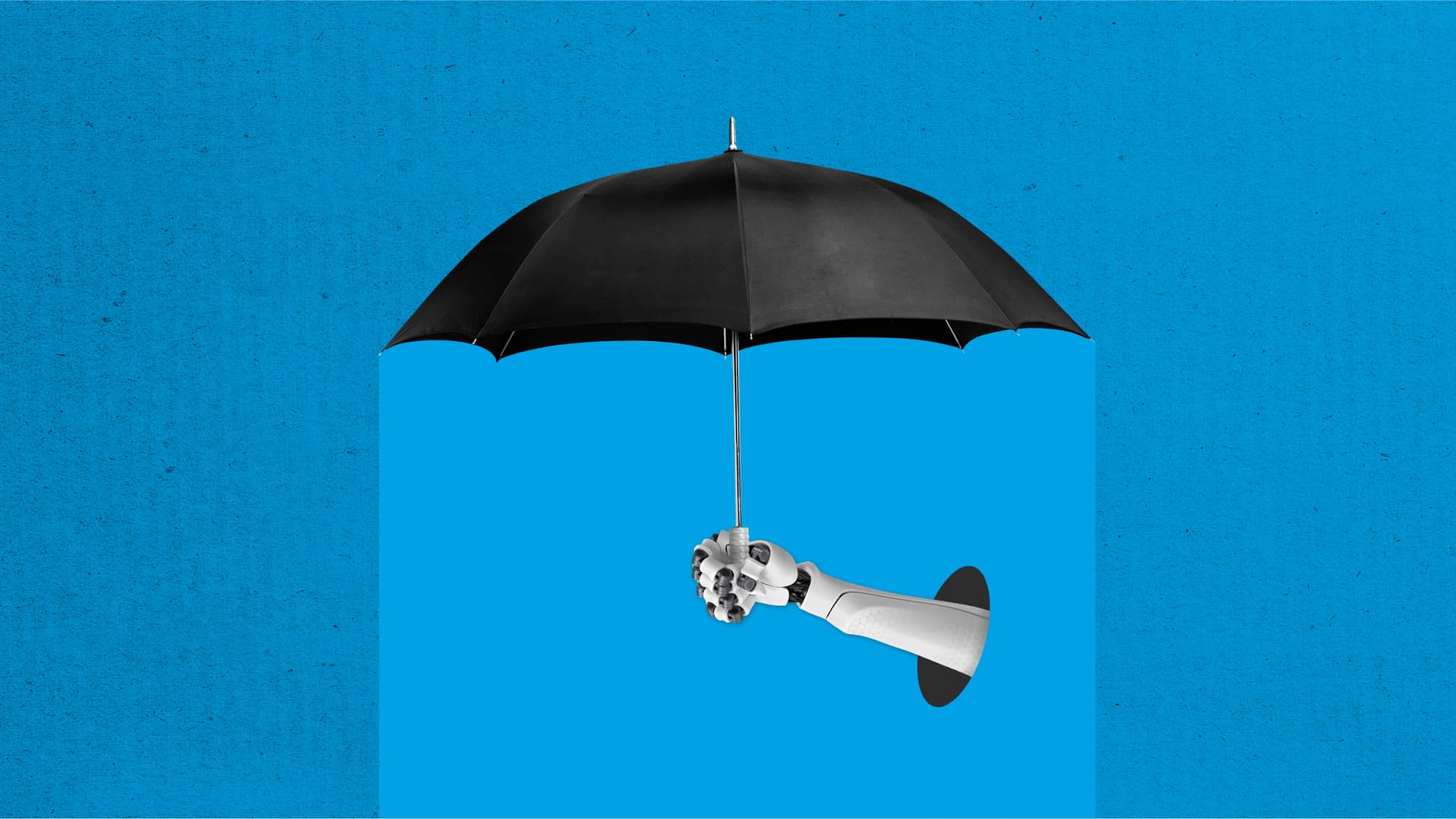 A robot arm holds a black umbrella, on a blue background.  A robot arm holds a black umbrella, on a blue background.