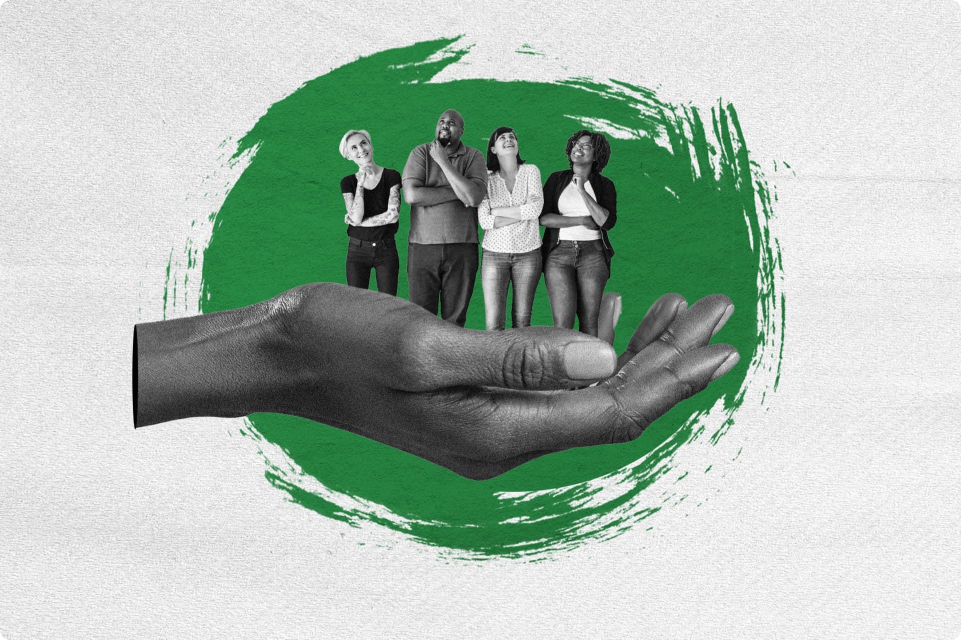 A palm of a hand with people standing on it A palm of a hand with people standing on it