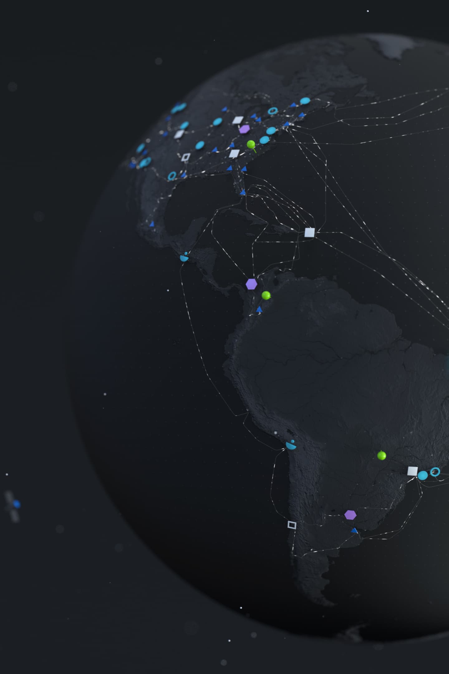 Image of planet earth at night with grey land and black sea. It has locations highlighted in different coloured squares Image of planet earth at night with grey land and black sea. It has locations highlighted in different coloured squares