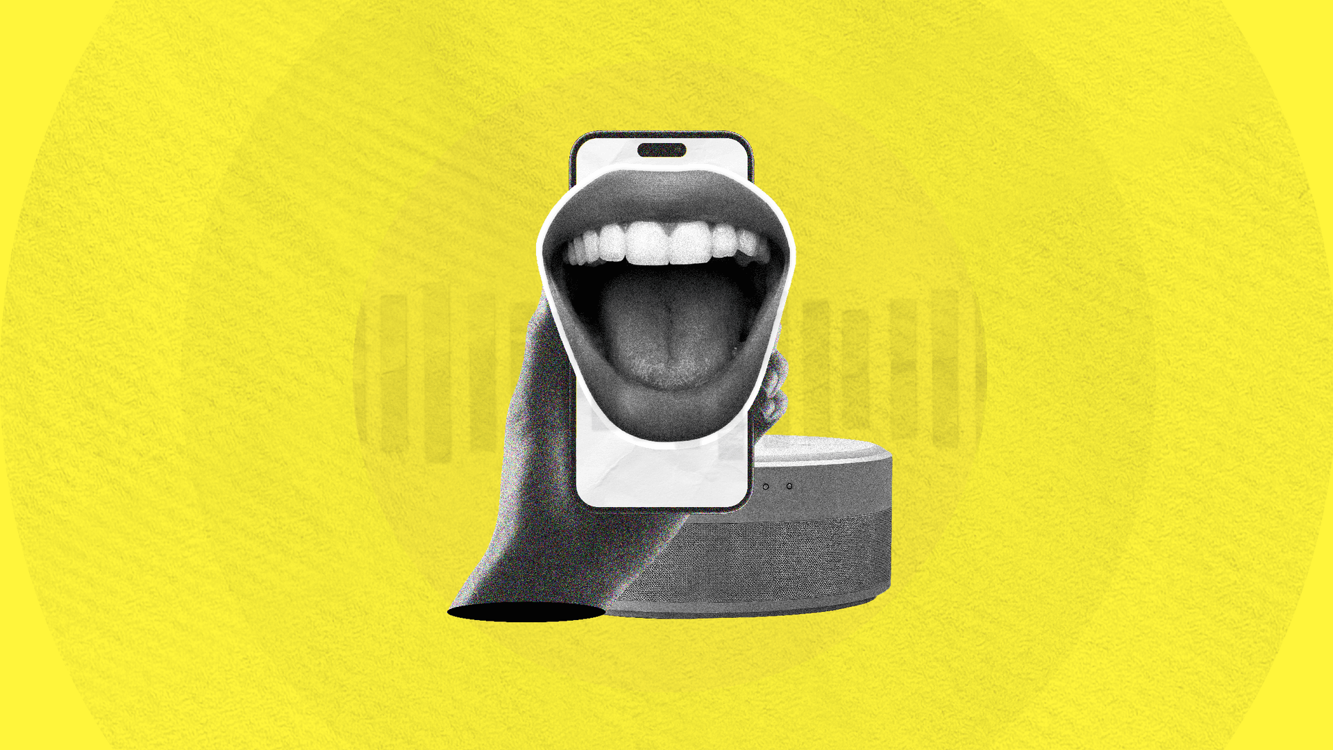 On a yellow background, a collage of a hand holding a phone with a large open mouth on it. On a yellow background, a collage of a hand holding a phone with a large open mouth on it.