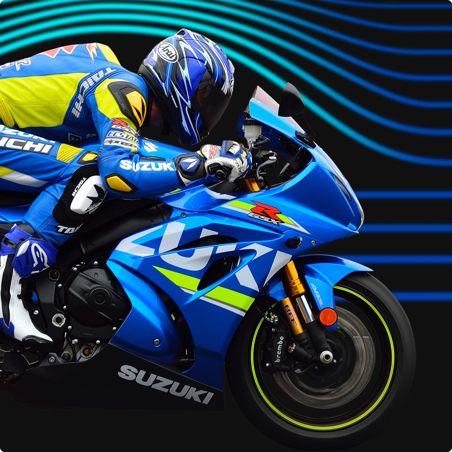 Stylised image of a person in blue Suzuki biker gear riding a Suzuki bike at speed Stylised image of a person in blue Suzuki biker gear riding a Suzuki bike at speed