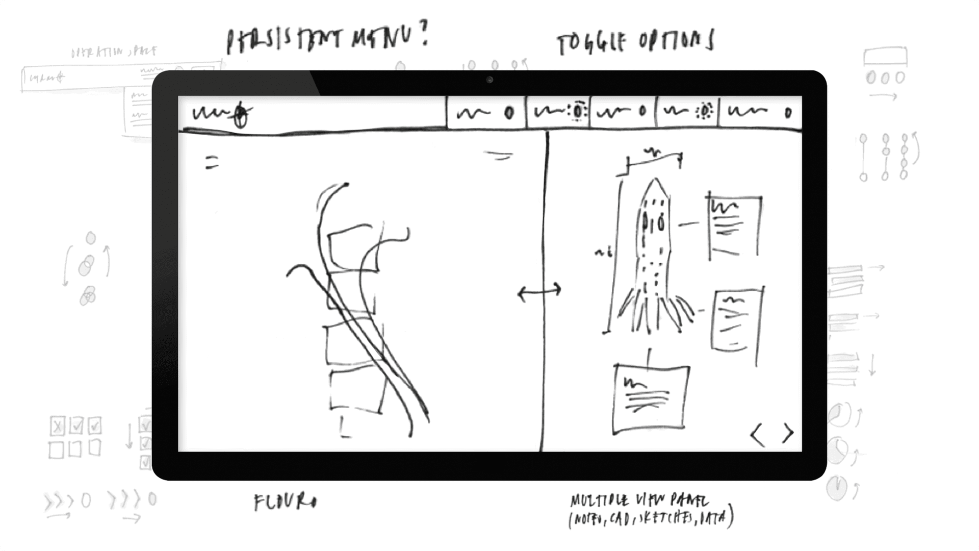 Annotated sketches of initial functionality on a tablet Annotated sketches of initial functionality on a tablet