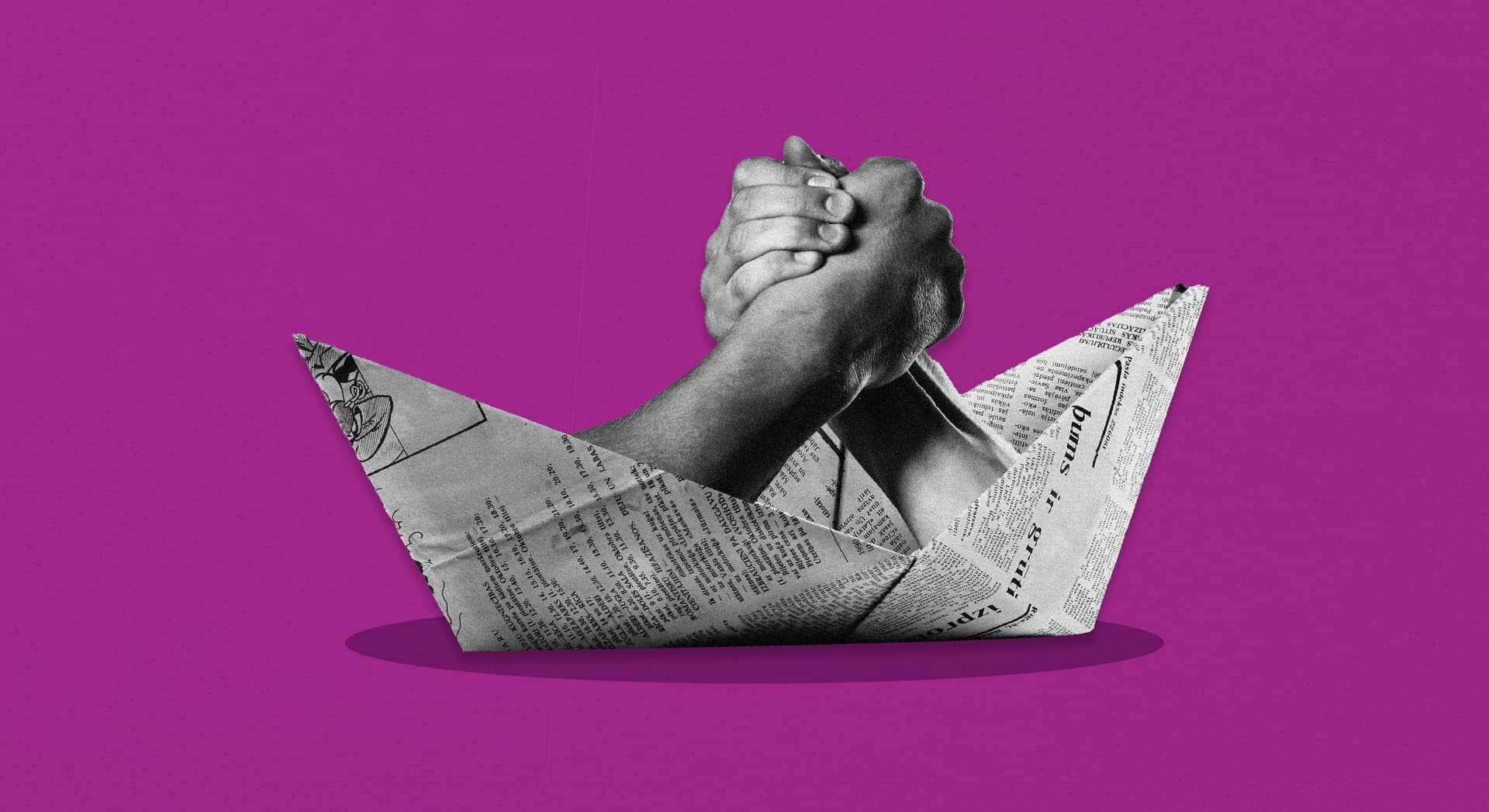 A collage on a lilac background shows two hands in an arm wrestle, sitting in a newspaper folded boat. A collage on a lilac background shows two hands in an arm wrestle, sitting in a newspaper folded boat.