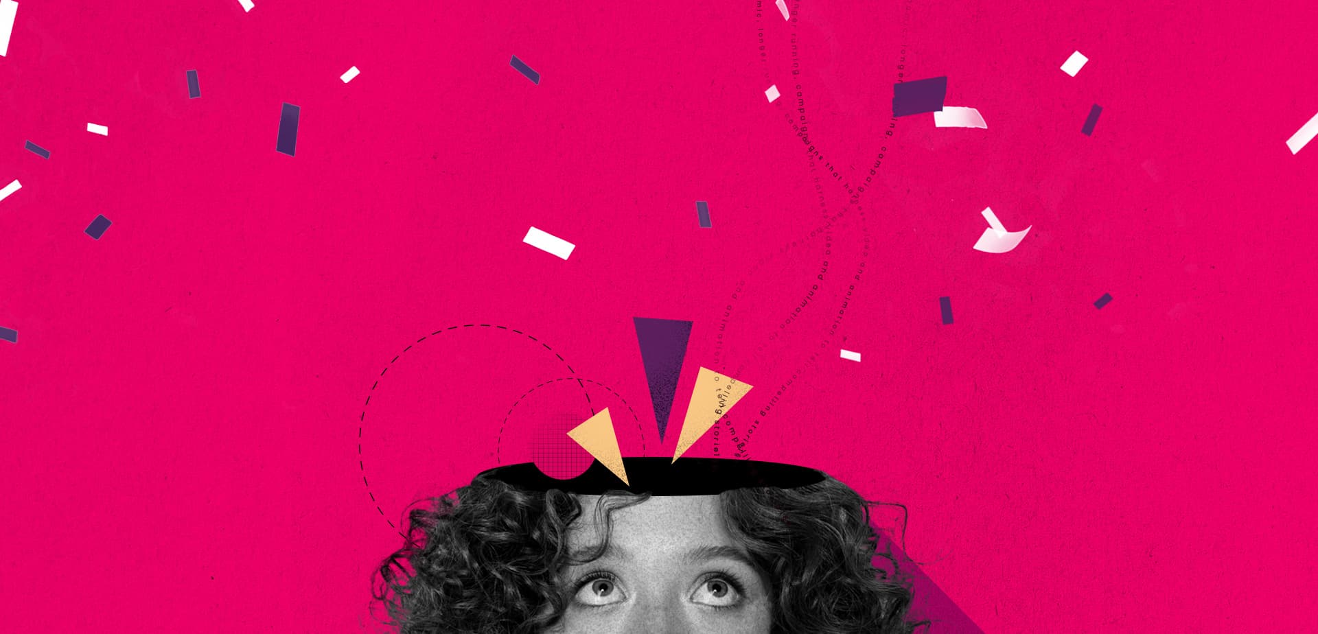 An image of a women's head with diferent shapes coming out of it showing ideas and excitement  An image of a women's head with diferent shapes coming out of it showing ideas and excitement