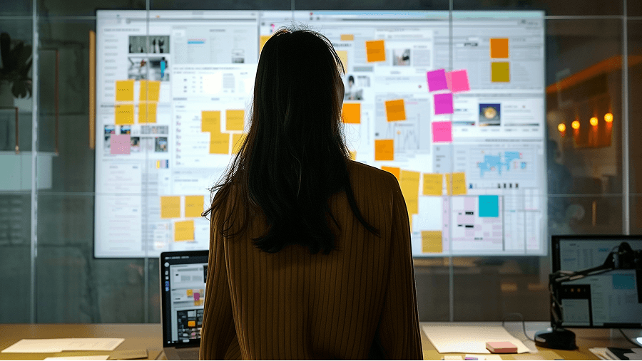 A woman stood in front of wall of website print outs with PostIt notes stuck onto the designs. A woman stood in front of wall of website print outs with PostIt notes stuck onto the designs.