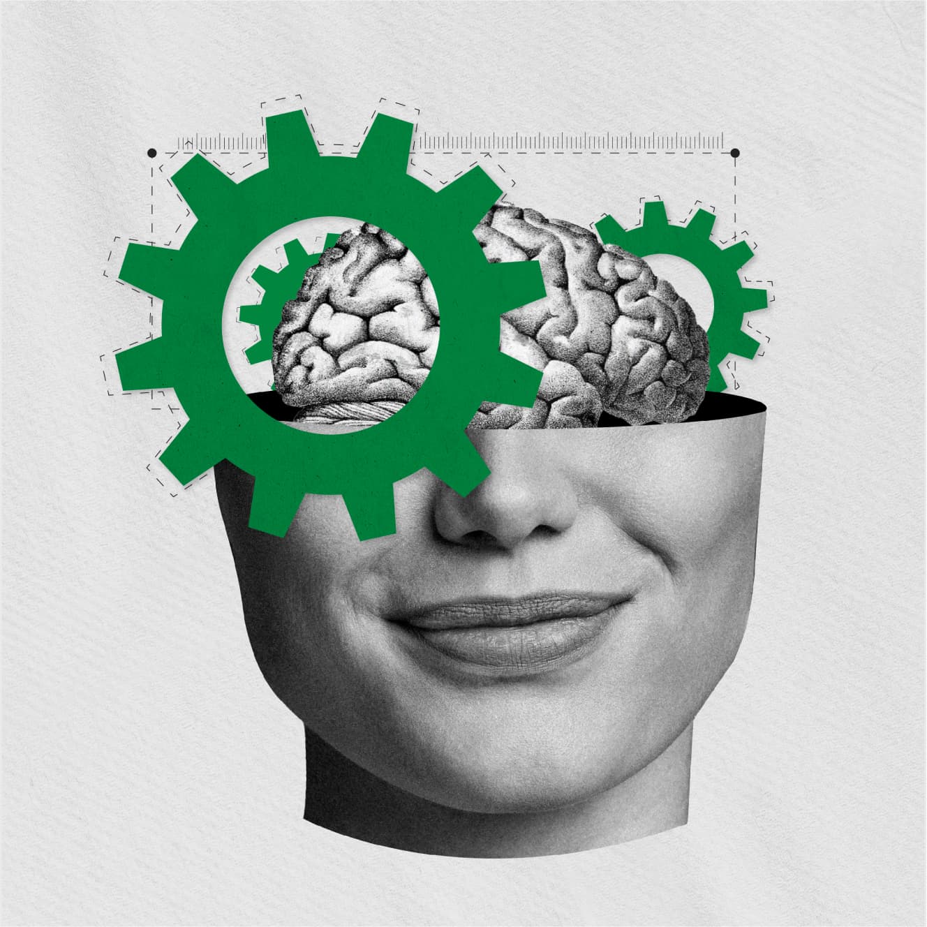 A head containing a brain and two cogs.  A head containing a brain and two cogs.