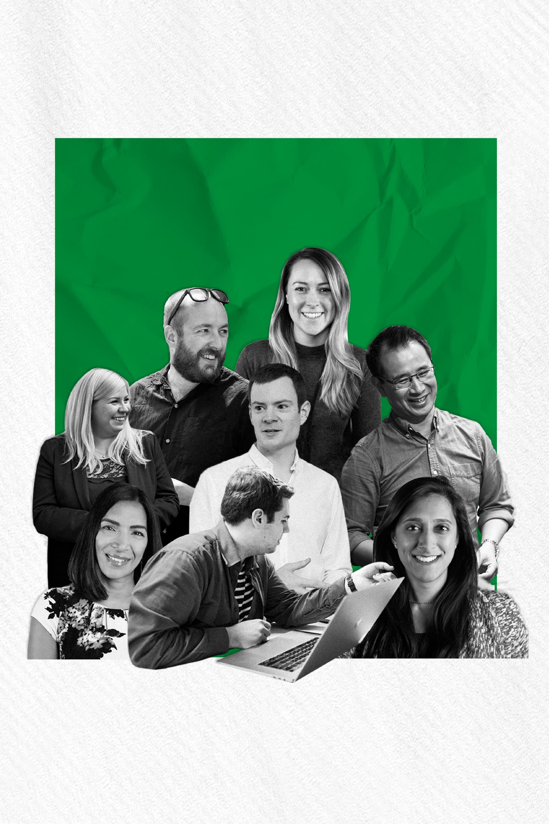 A collage effect illustration of people at Foolproof working together and smiling at the camera A collage effect illustration of people at Foolproof working together and smiling at the camera