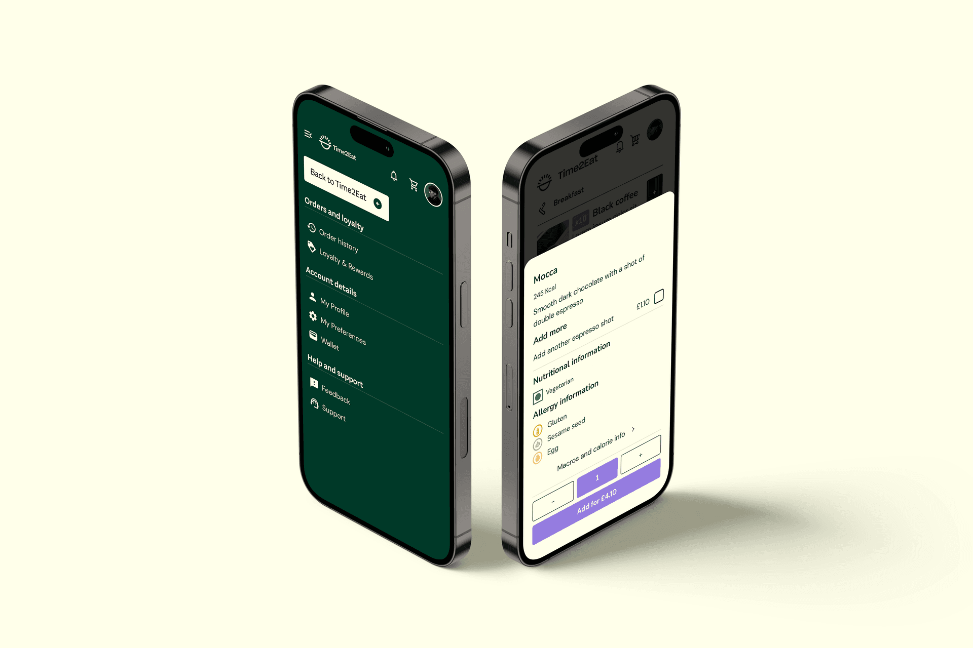 Two phone mockups side by side showing the Time 2 Eat mobile app interface of the main menu and a coffee ordering screen Two phone mockups side by side showing the Time 2 Eat mobile app interface of the main menu and a coffee ordering screen