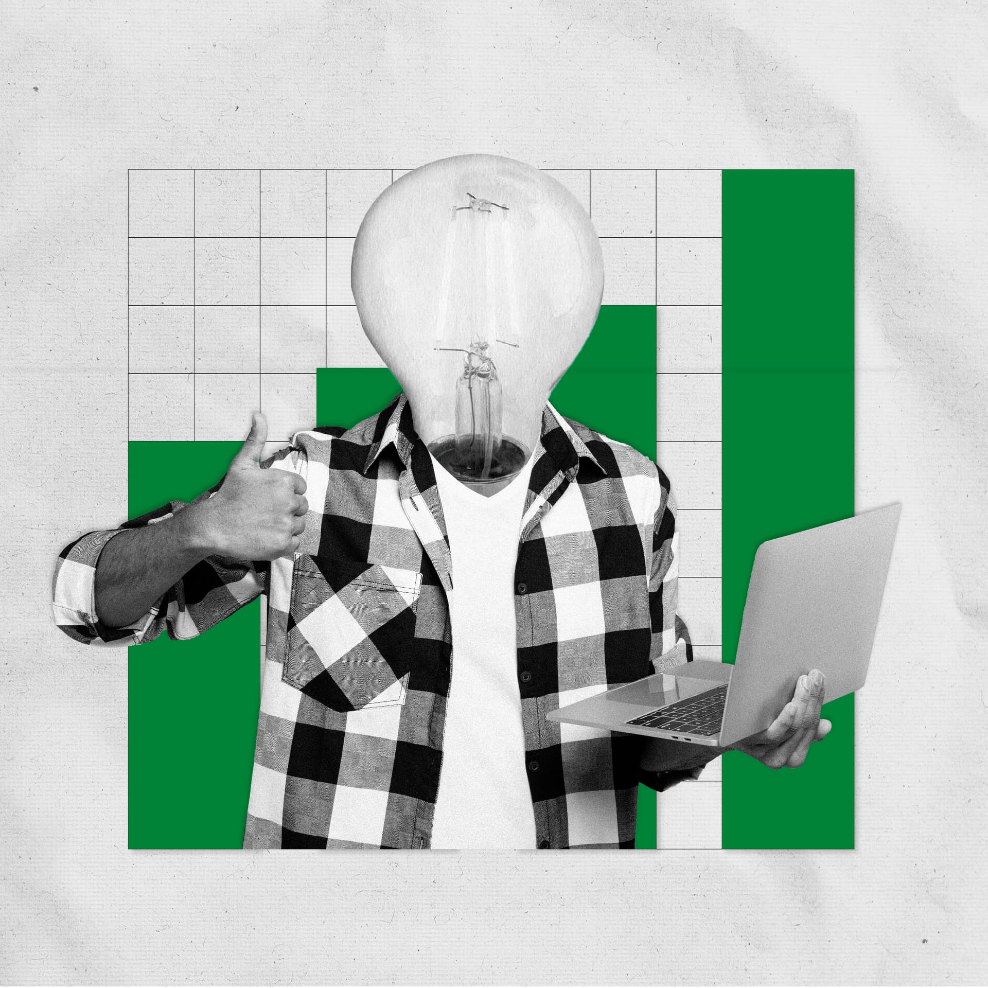 A person with a lightbulb as their head with a graph behind them. A person with a lightbulb as their head with a graph behind them.