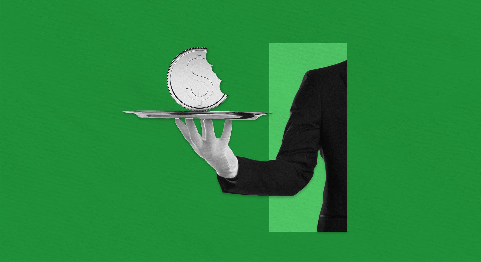 An illustration of someone holding a coin with a bite taken out of it - on a green background. 