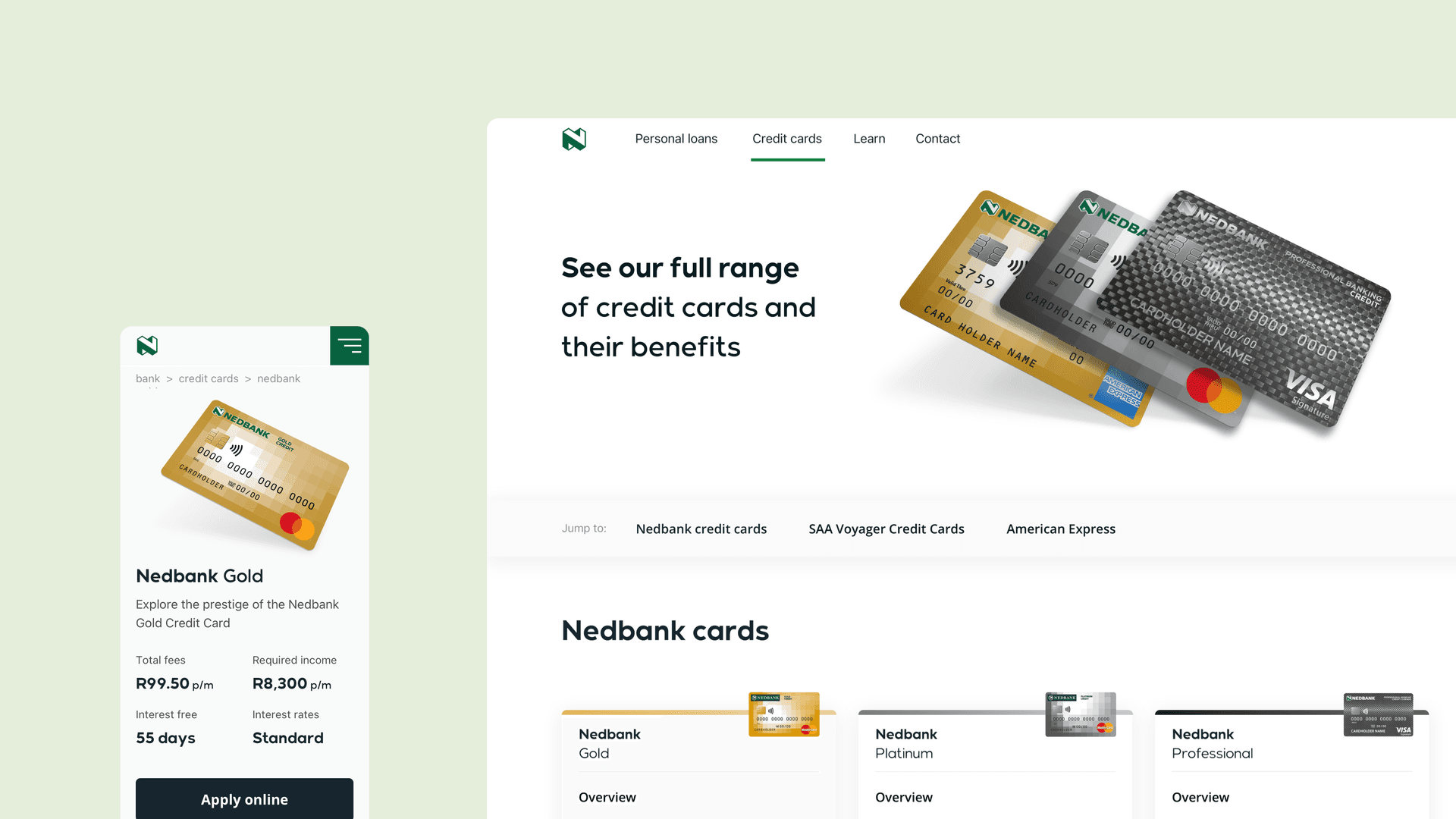 Mobile and desktop views of banking screens that show a range of credit cards. Mobile and desktop views of banking screens that show a range of credit cards.