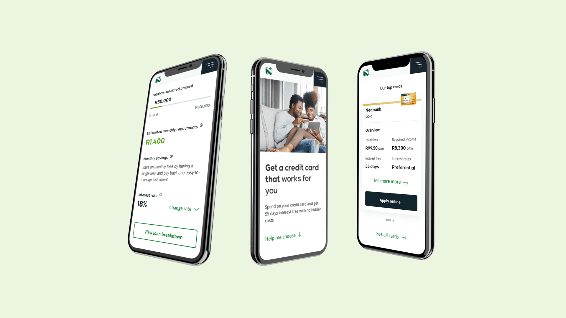 Three phone, showing pages from a mobile banking app on the screens. Three phone, showing pages from a mobile banking app on the screens.