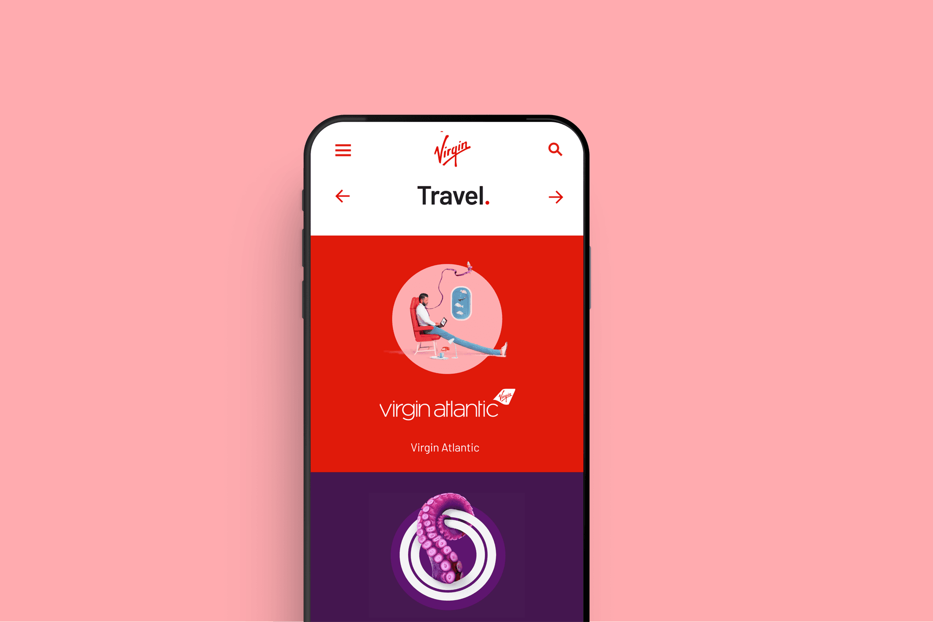 A mobile device containing the virgin.com travel page.  A mobile device containing the virgin.com travel page.