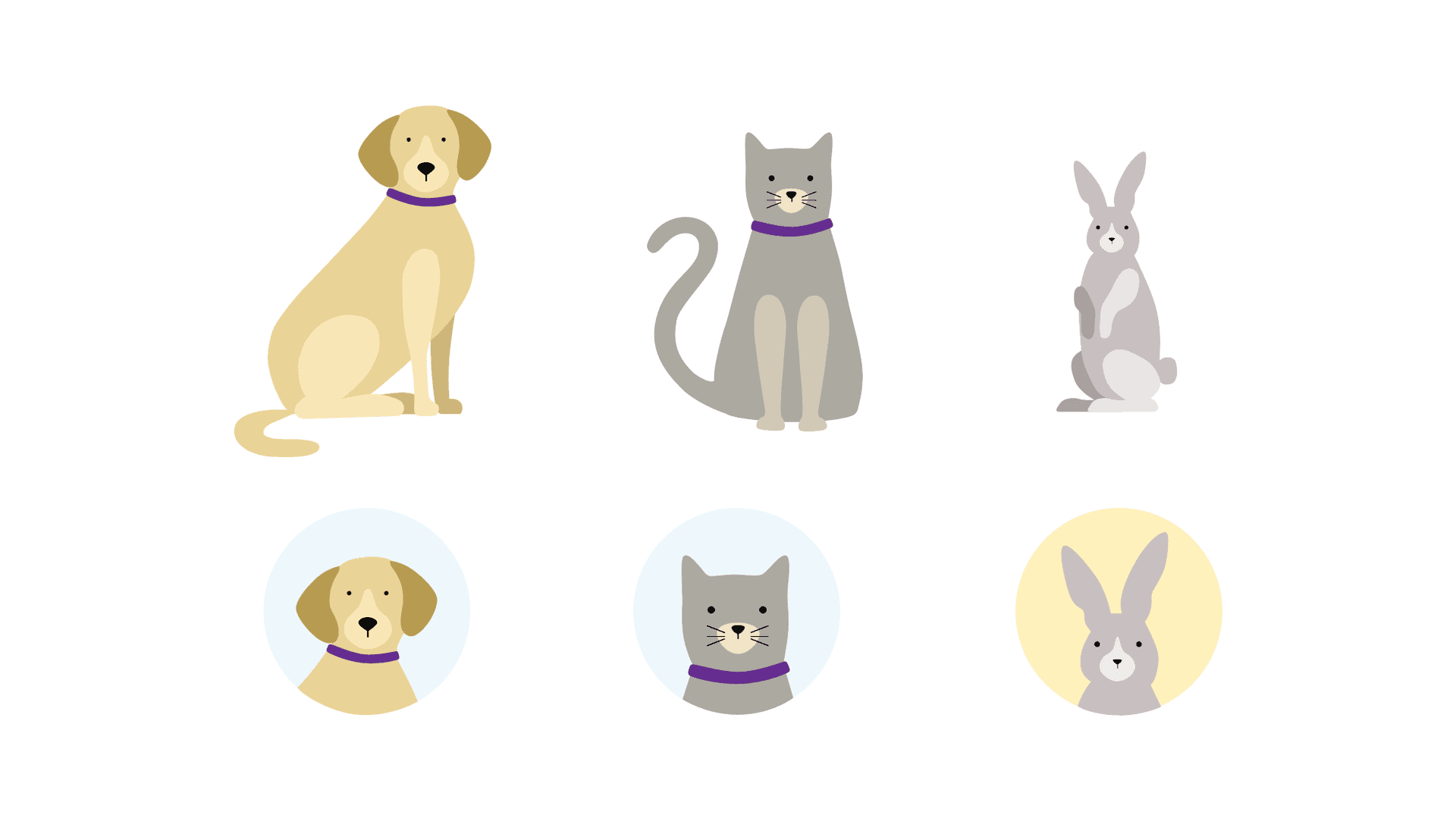 Illustrations of a dog, cat and rabbit, with the row below showing their faces framed on blue and yellow circular backgrounds. Illustrations of a dog, cat and rabbit, with the row below showing their faces framed on blue and yellow circular backgrounds.
