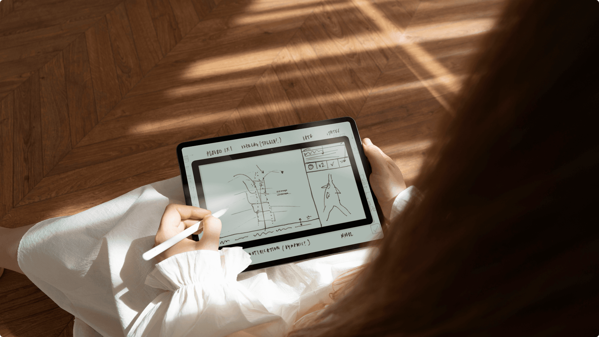 Over the shoulder view of a person using a tablet to sketch Over the shoulder view of a person using a tablet to sketch