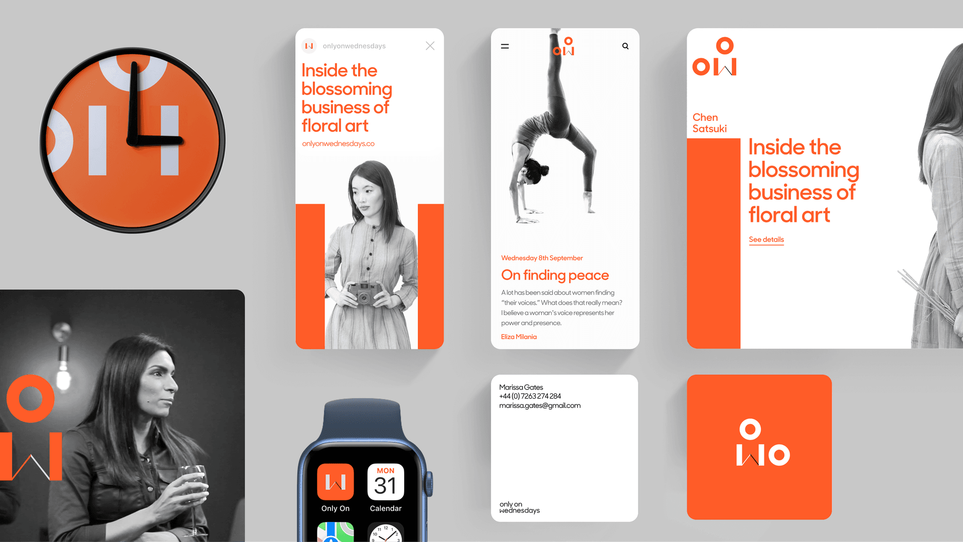 Black, white and orange Only on Wednesdays branded assets assembled from Apple watch icon to business cards Black, white and orange Only on Wednesdays branded assets assembled from Apple watch icon to business cards