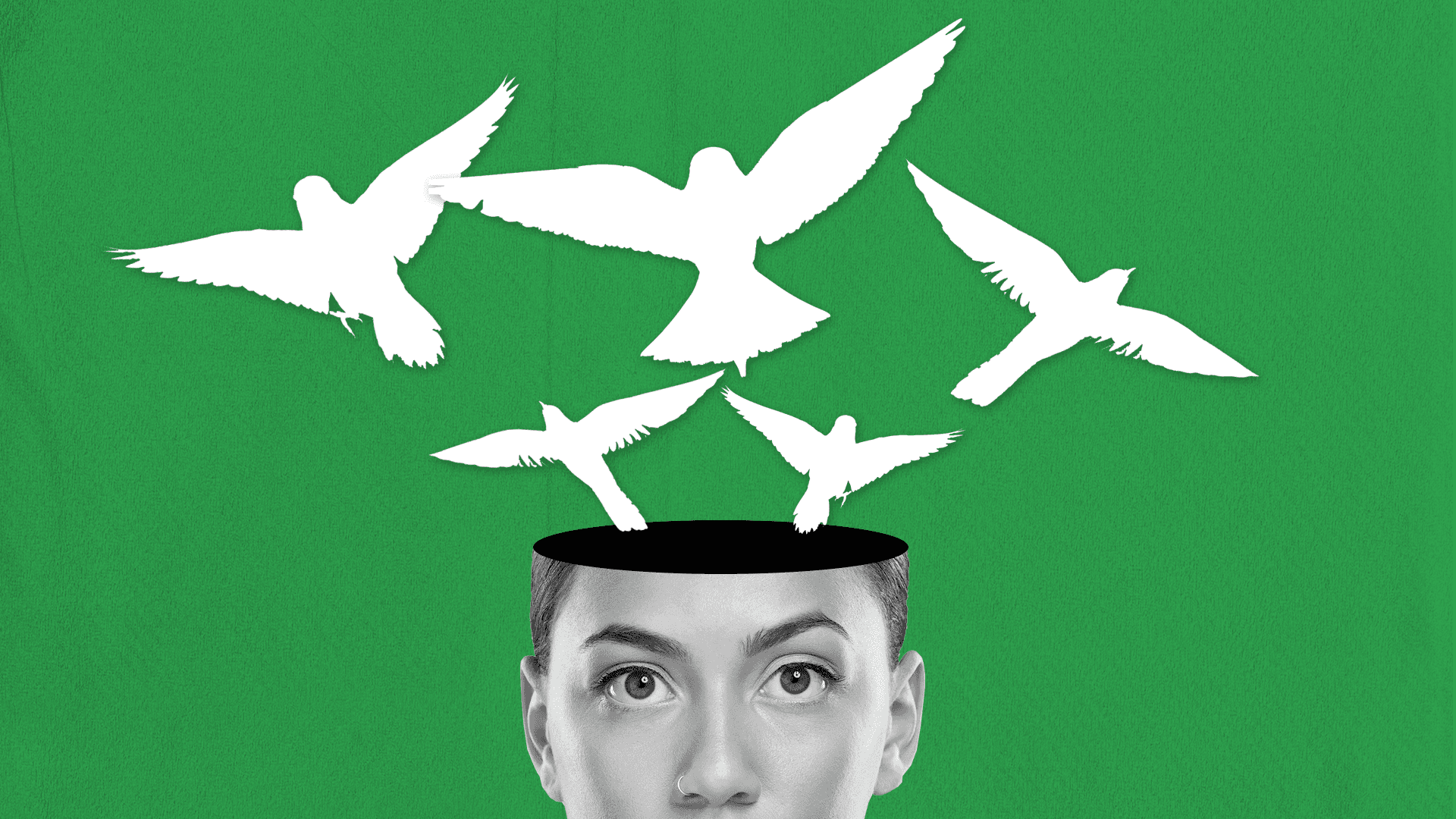 Birds coming out of a person's head.  Birds coming out of a person's head.