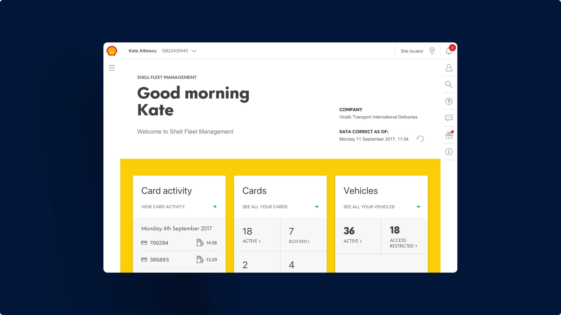 A screenshot of the shell fleet hub application. It says "Good morning, Kate." A screenshot of the shell fleet hub application. It says "Good morning, Kate."
