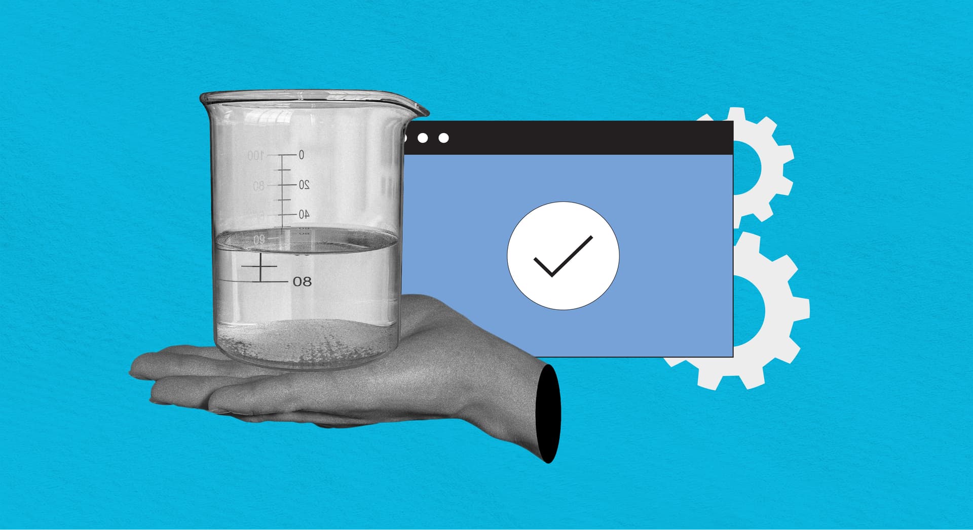 An illustration of a hand holding a beaker of water, with some cogs on a blue background.  An illustration of a hand holding a beaker of water, with some cogs on a blue background.