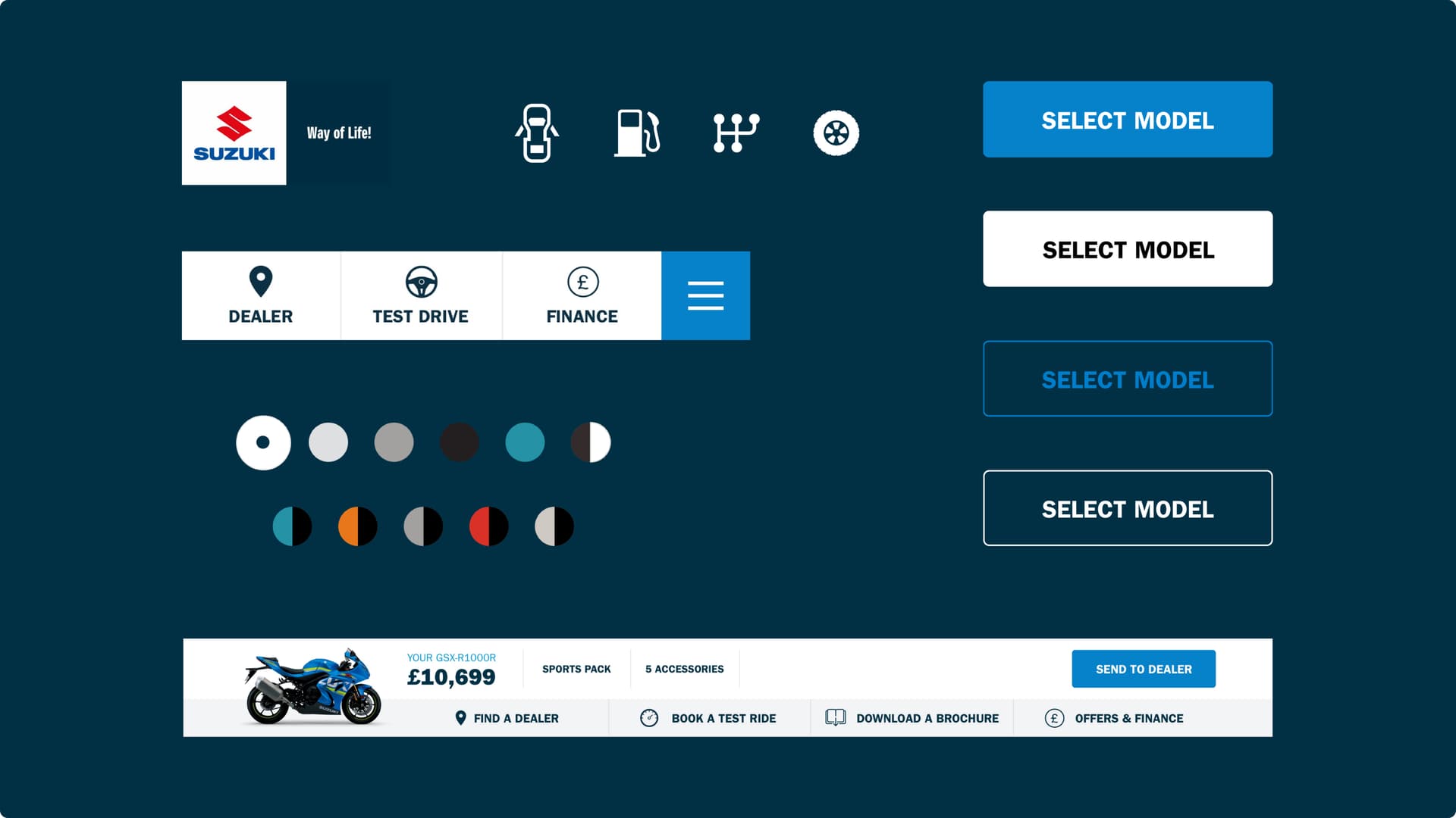 Suzuki brand elements including the logos, icons and colours and examples of the digital brand identity in situ such as buttons and components Suzuki brand elements including the logos, icons and colours and examples of the digital brand identity in situ such as buttons and components