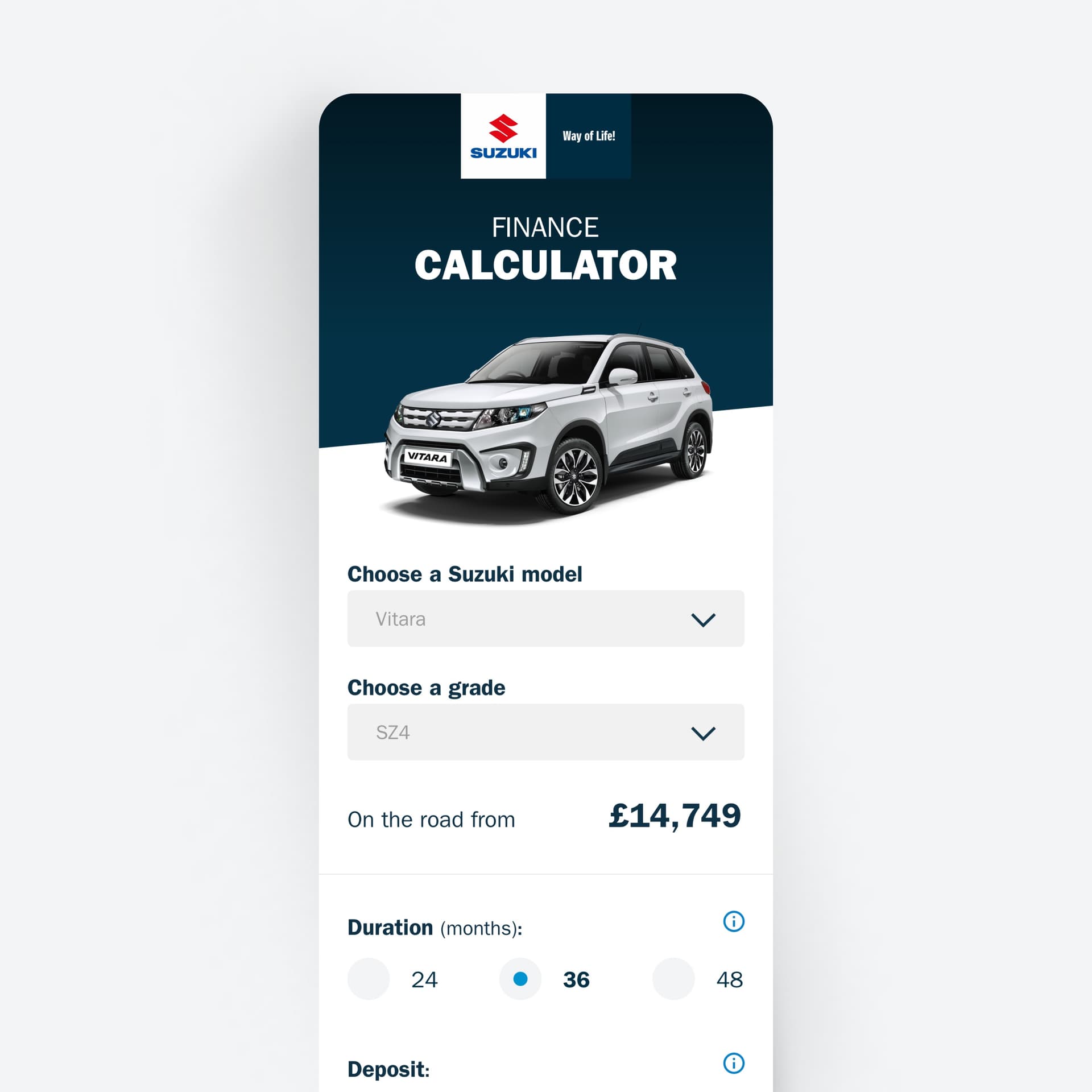 A Suzuki car finance page A Suzuki car finance page