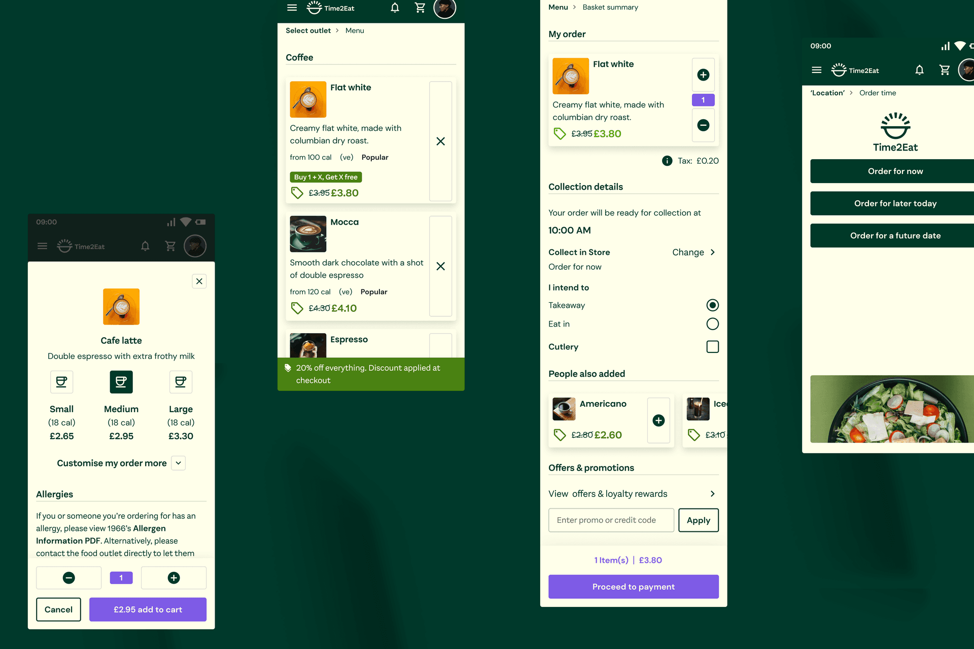 Screenshots of ordering screens on the Time 2 Eat mobile app Screenshots of ordering screens on the Time 2 Eat mobile app