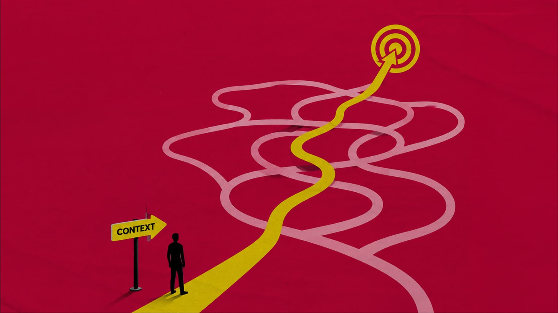 Illustration showing a complex network of paths leading to a clear target, symbolising how organisational context and human expertise help teams use AI insights to make better product, UX strategy, and business decisions. Illustration showing a complex network of paths leading to a clear target, symbolising how organisational context and human expertise help teams use AI insights to make better product, UX strategy, and business decisions.