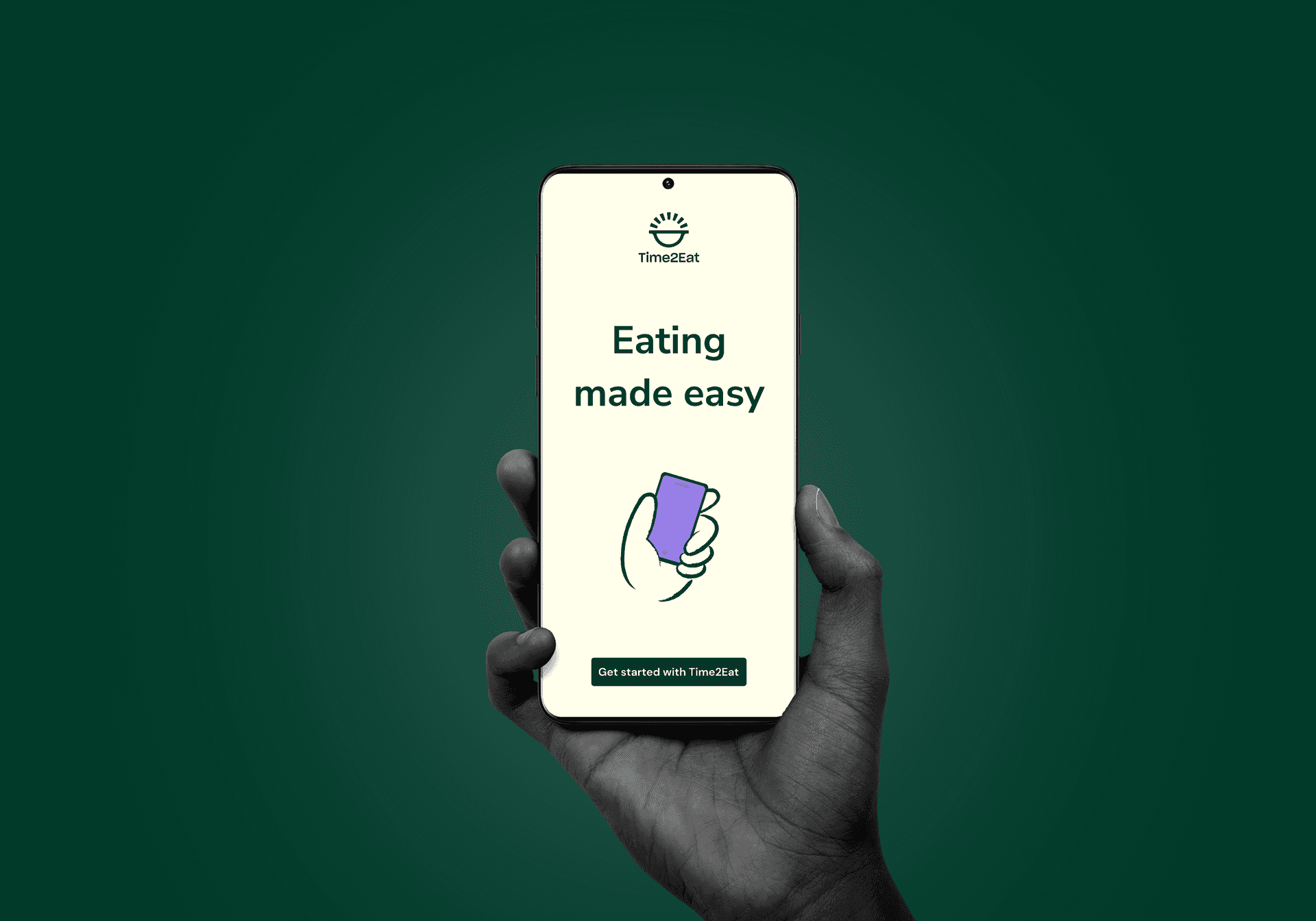 A hand holding up a smartphone showing an app launch screen that read "Eating made easy" A hand holding up a smartphone showing an app launch screen that read "Eating made easy"