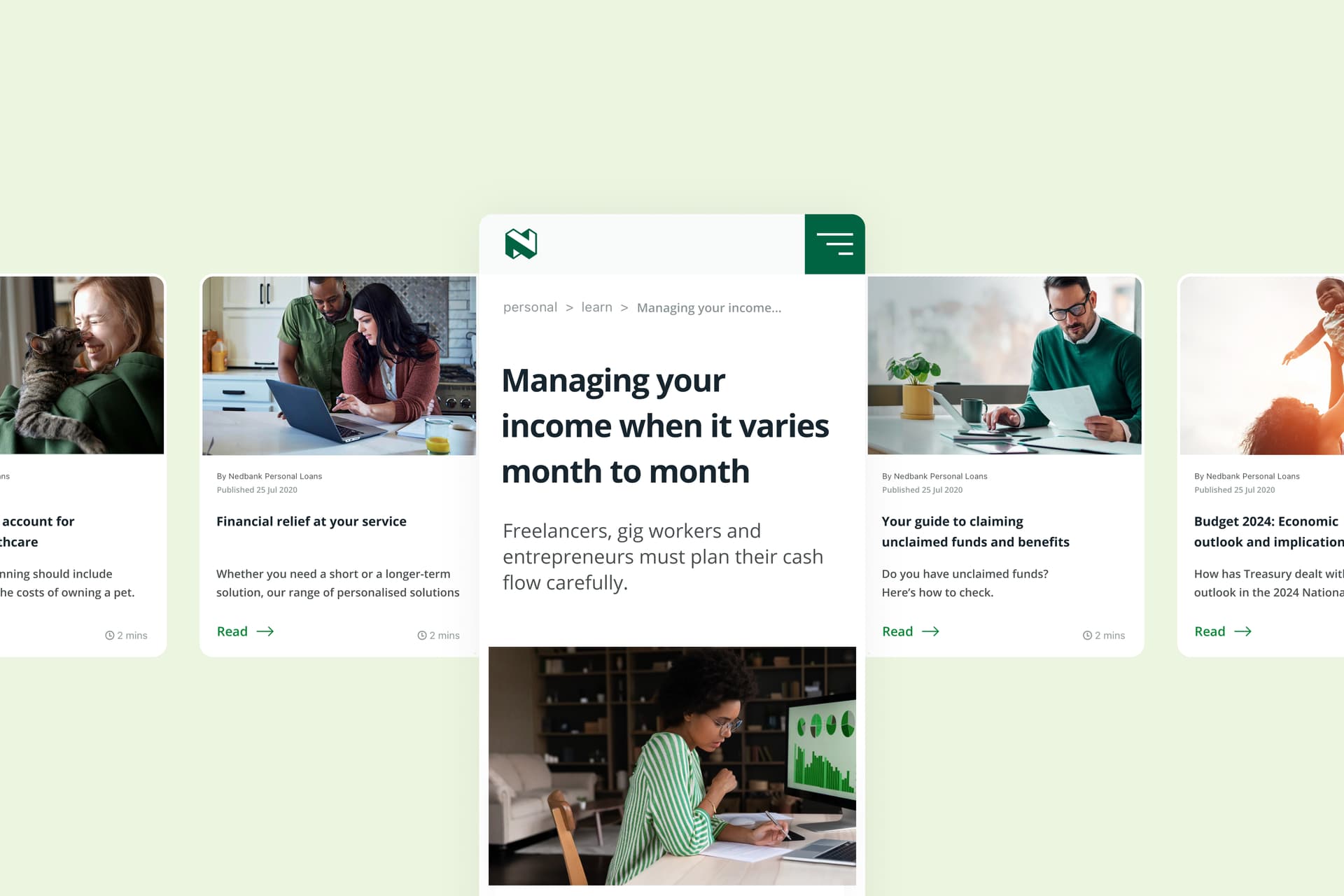 A series of screen shots taken from a banking app, set on a light green background. A series of screen shots taken from a banking app, set on a light green background.