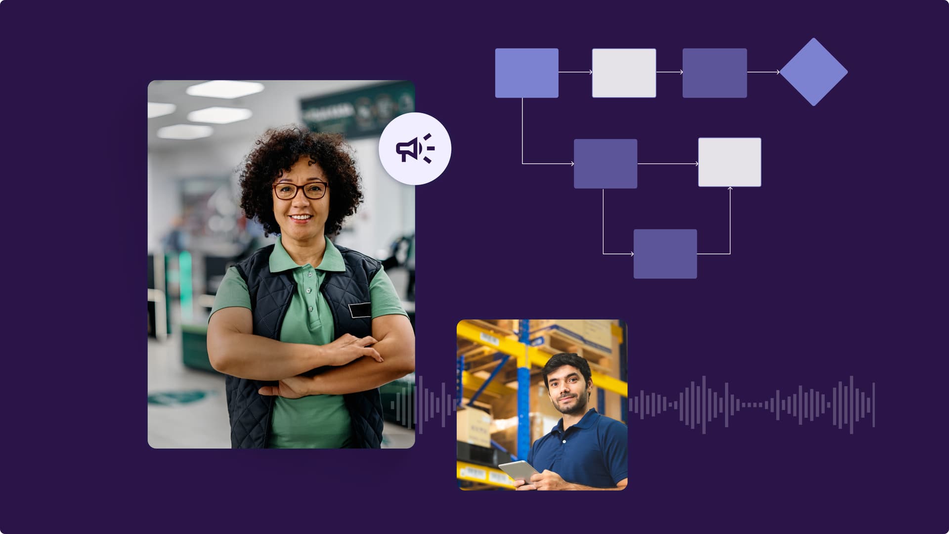 Two employees with a map of a technology system around them.  Two employees with a map of a technology system around them.