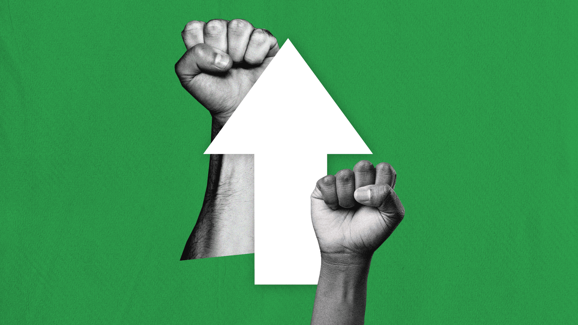 Two clenched fists, one each side of an arrow point upwards.  Two clenched fists, one each side of an arrow point upwards.