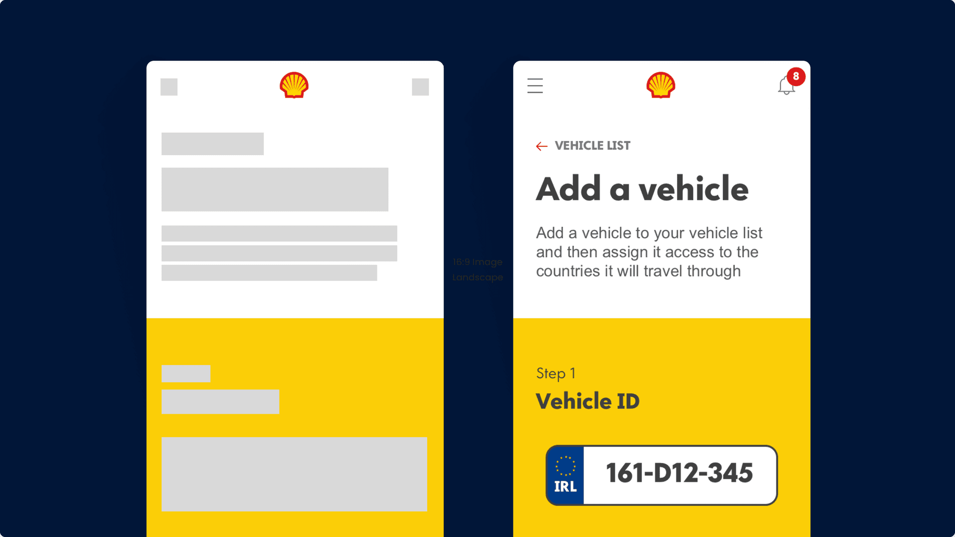 ON a navy background, two screen shots of the shell fleet hub app are shown. ON a navy background, two screen shots of the shell fleet hub app are shown.