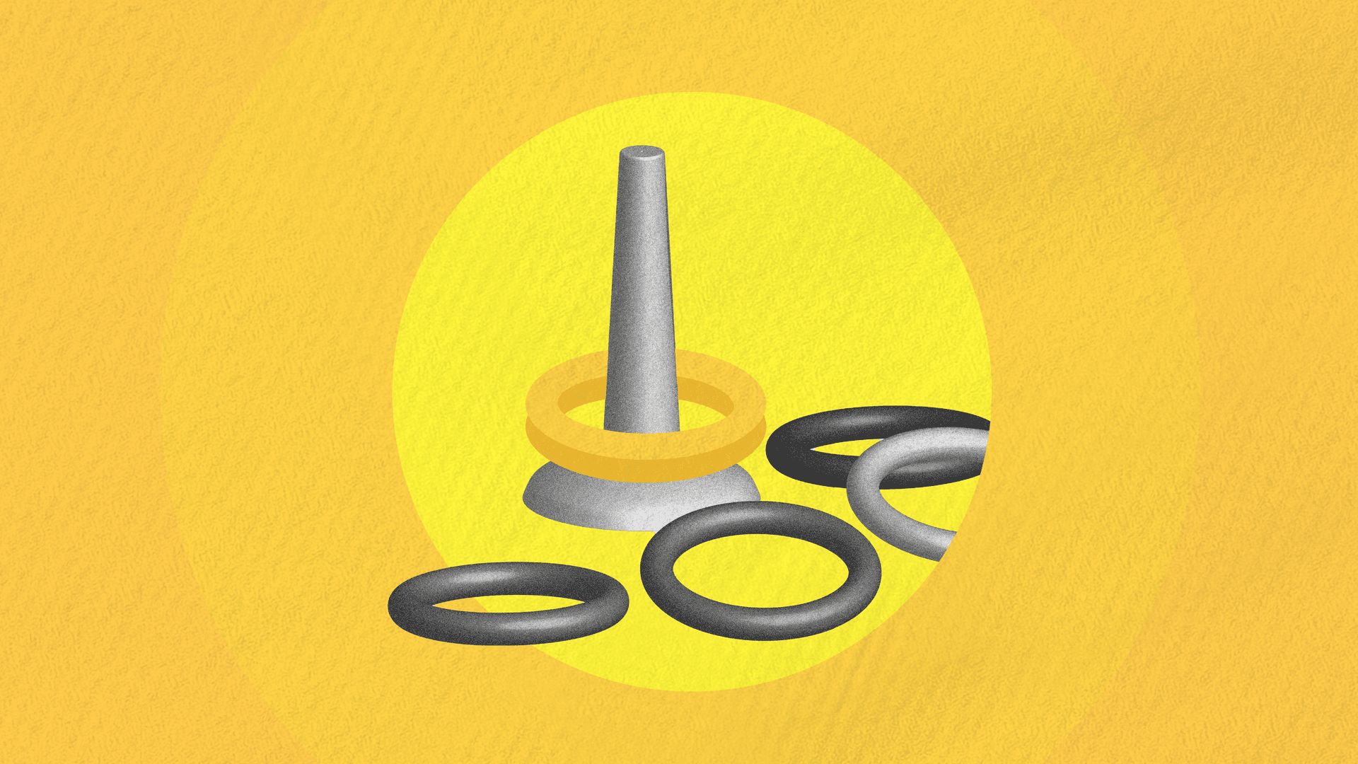 On a yellow background, an ilustration of a ring toss game, with only one ring on the stand, the rest are scattered around. On a yellow background, an ilustration of a ring toss game, with only one ring on the stand, the rest are scattered around.