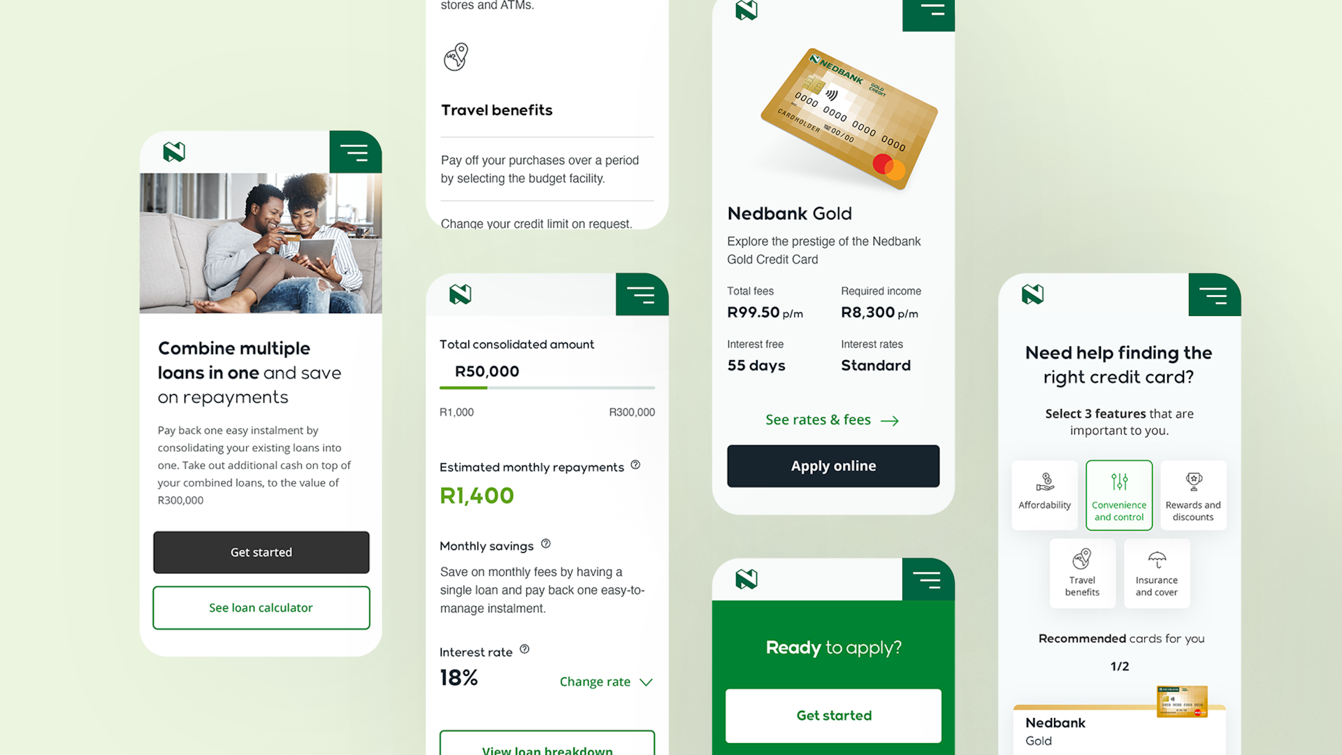 A series of screens from the rendering of a banking app, set on a light green background.