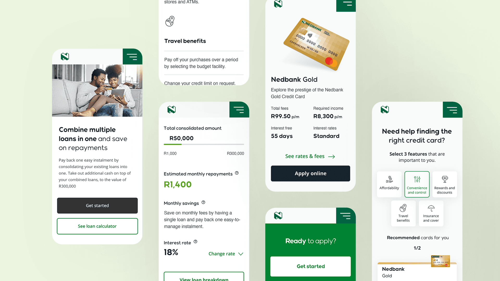 A series of screens from the rendering of a banking app, set on a light green background. A series of screens from the rendering of a banking app, set on a light green background.