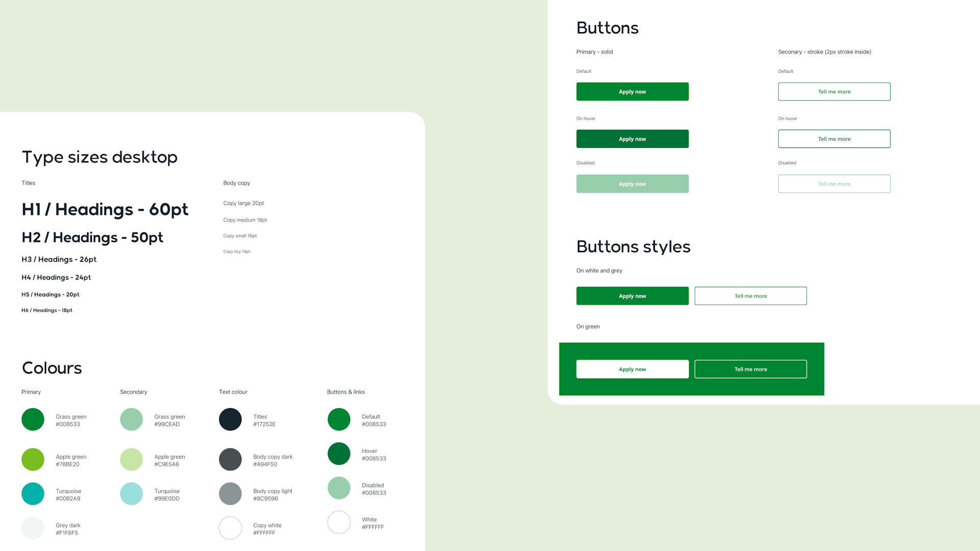 A rendering of screens showing a design library for a banking app, set on a light green background.
