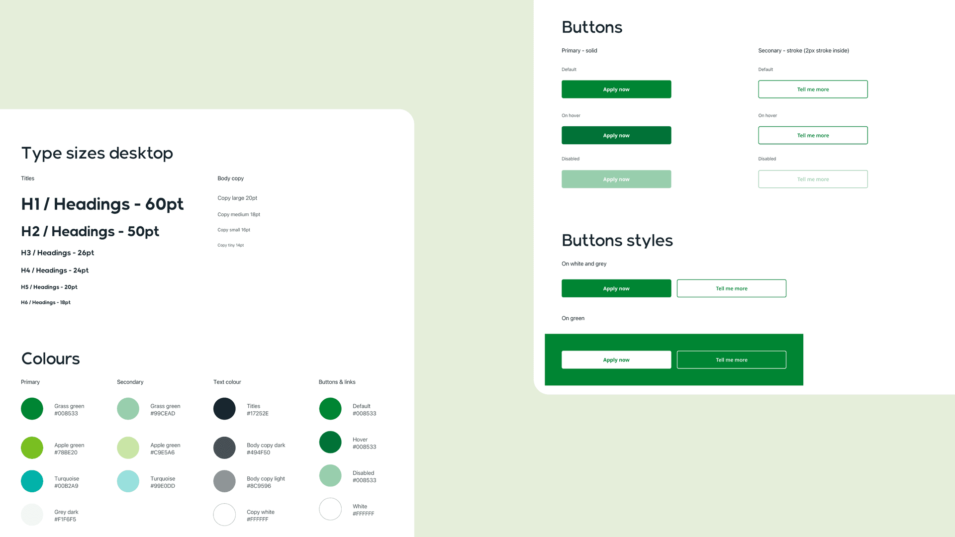 A rendering of screens showing a design library for a banking app, set on a light green background. A rendering of screens showing a design library for a banking app, set on a light green background.