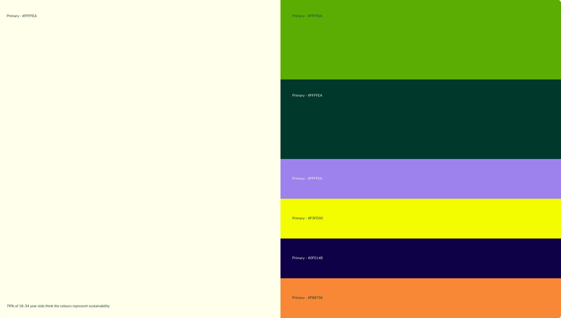 A brand colour palette for Time 2 Eat with a cream block on the left and stripes of green, lilac, yellow, indigo and orange on the right A brand colour palette for Time 2 Eat with a cream block on the left and stripes of green, lilac, yellow, indigo and orange on the right