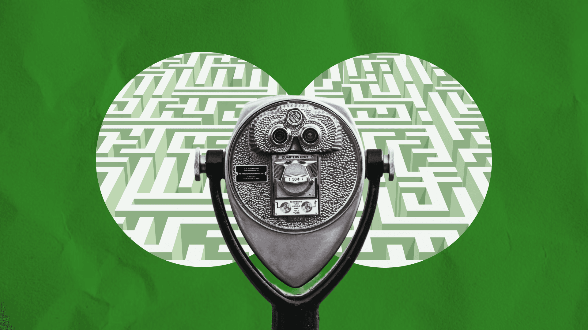 Antique binoculars, the kind that accept coins or tokens, looking out over a maze. Antique binoculars, the kind that accept coins or tokens, looking out over a maze.