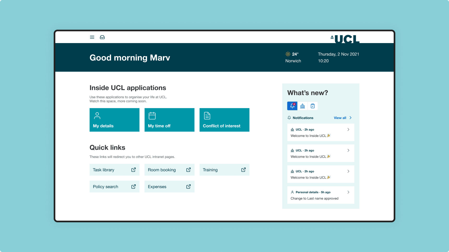 Screenshot of the homepage of UCL employee experience dashboard Screenshot of the homepage of UCL employee experience dashboard